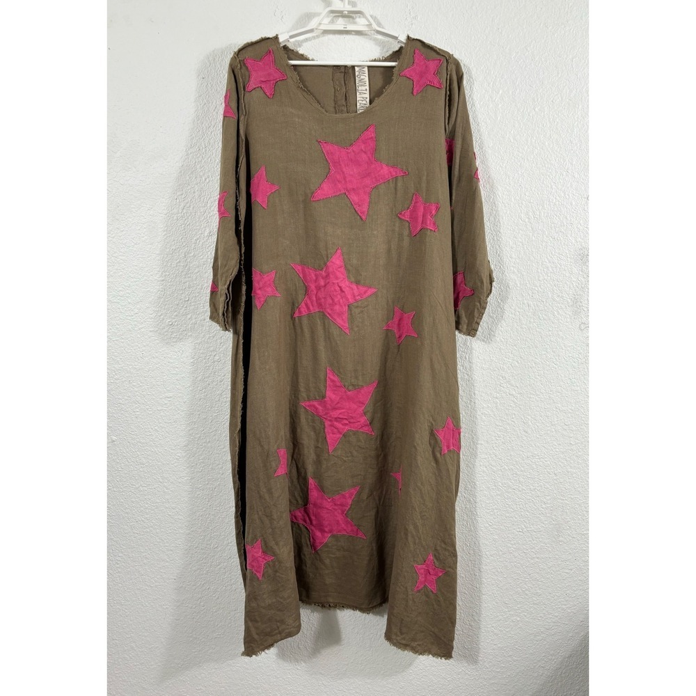 Magnolia Pearl European Linen Cassiel Star Applique Dress Raw Edges One Size